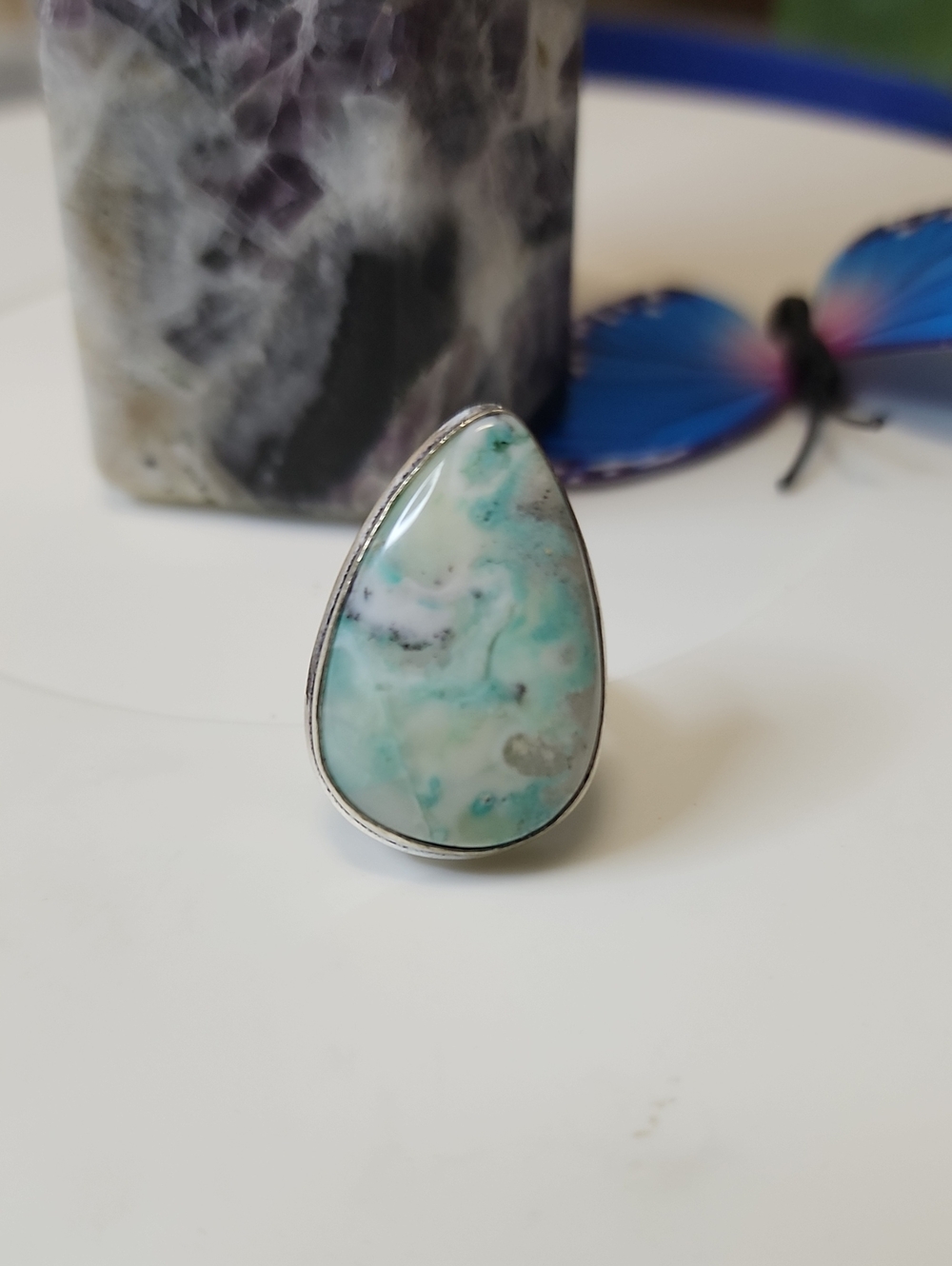 Teardrop Teal Dendrite Ring